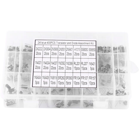 Assortimento di 400 transistor e diodi raddrizzatori (24 valori) con scatola di immagazzinaggio