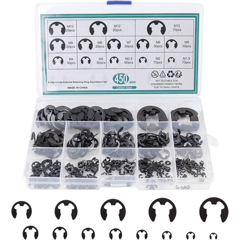 Image of Assortimento di 450 anelli elastici, anelli elastici a e, anelli elastici esterni in acciaio per il fissaggio di pulegge di cuscinetti e ingranaggi