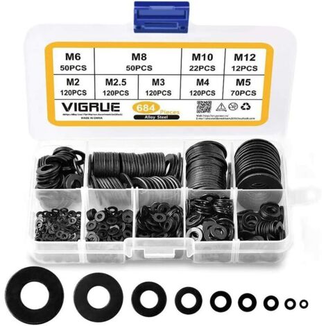 Assortimento di 684 rondelle piatte in acciaio inox 304, misure M2, M2.5, M3, M4, M5, M6, M8, M10, M12 per anelli di tenuta delle viti - Fornite in scatola (nere)