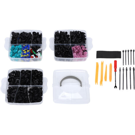 Assortimento di 725 clip e elementi di fissaggio per auto, con fascette e strumento di rimozione.