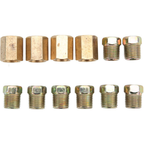 Assortimento di raccordi per tubi freno da 12 7/16 pollici e 24 filettature. Accessori per auto in ottone per tubi da 1/4 di pollice.
