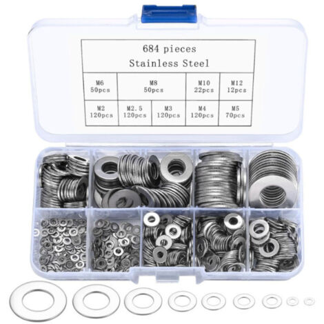 Assortimento di rondelle in acciaio inox in 9 diverse misure - 684 pezzi, rondelle piatte e rondelle elastiche