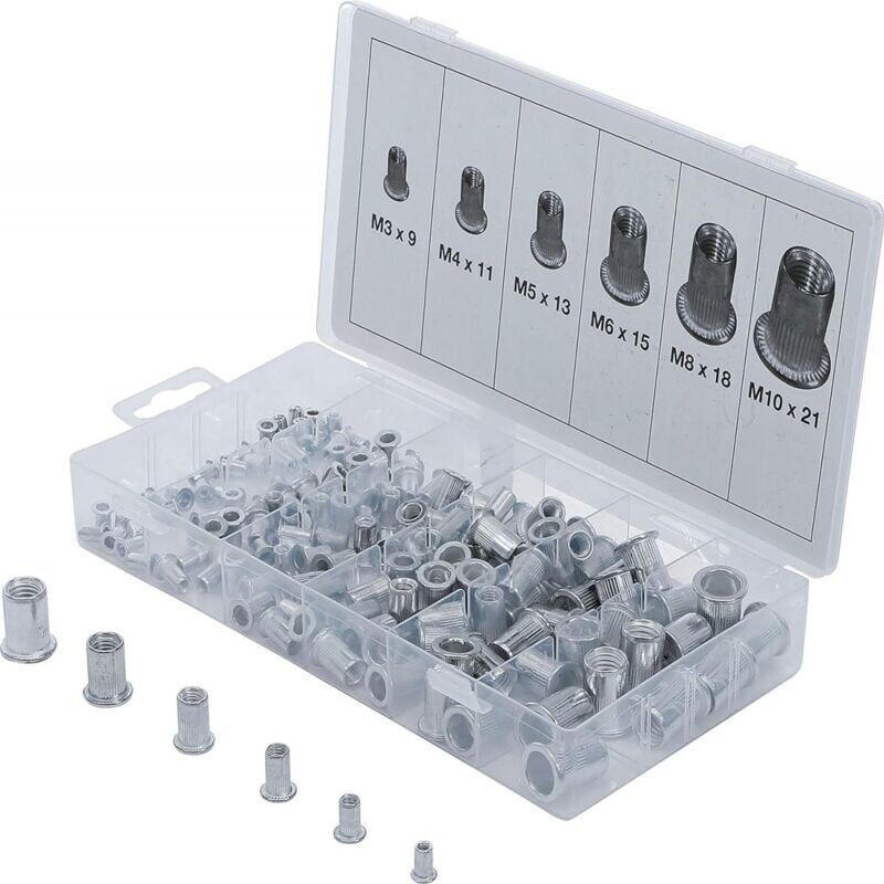 Assortment box of 150 aluminum threaded inserts from 3 to 10 mm