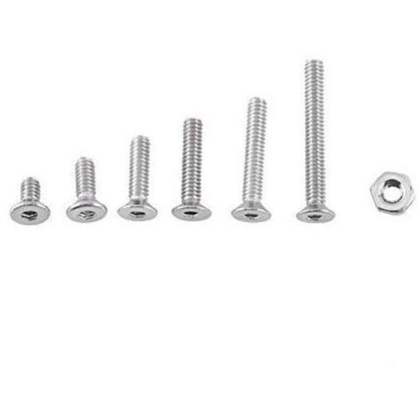 Assortment set with 250 M2 countersunk, flat, pocket or hexagon socket screws and bolts made of A2 stainless steel with M2 x 4/6/8/10/12/16 mm (flat head) nuts.