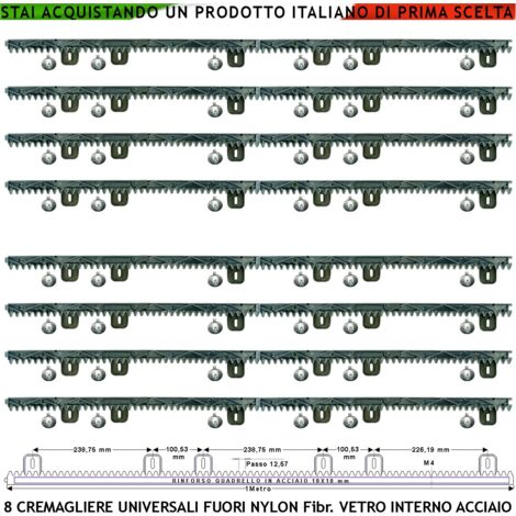 Asta Cremagliera M4 Antiusura Universale Otto Pezzi da 1 MT in Nylon Antirumore Interno Acciaio Portata Garantita 6 Q.li Max 10 Q.li 6 Bulloni X Metro Ricambio Cancello Scorrevole Giunture a Incastro