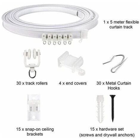 Asta per tende flessibile da 5 m – Acciaio resistente rivestito in plastica – Montaggio a parete o a soffitto – Per finestre a bovindo e divisori di ambienti