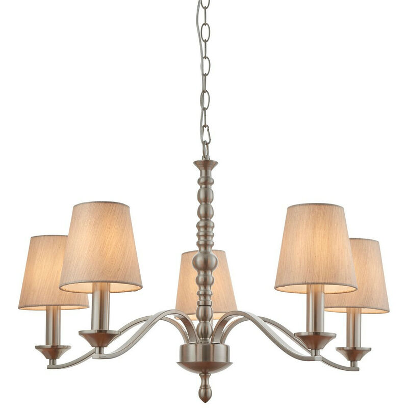 Astaire - 5 Light Multi Arm Ceiling Pendant Satin Nickel, Natural Tc Fabric, E14 - Endon