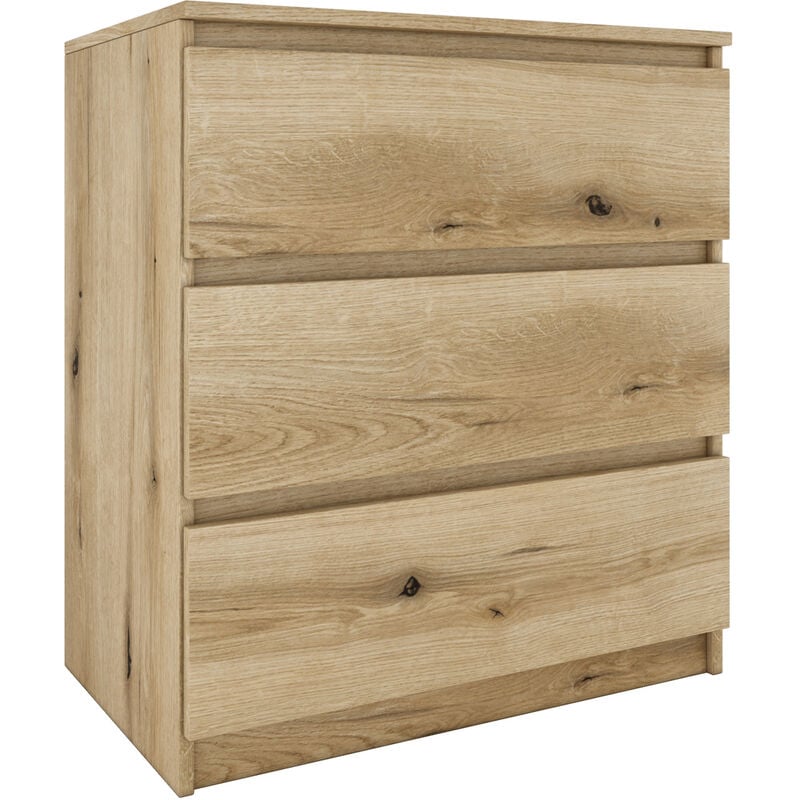 Aster T3 - Commode de chambre 3 tiroirs - 77x70x40 - Meuble de rangement - Style Scandinave Chêne Artisan