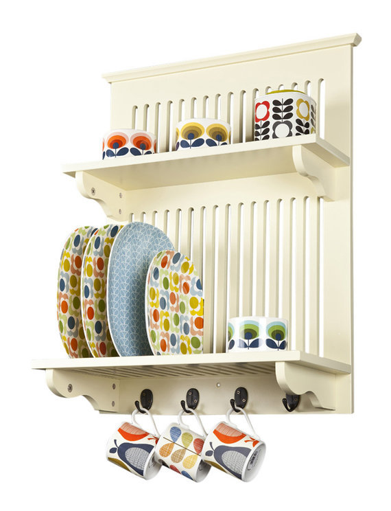 Aston Kitchen Plate Rack in Buttermilk // Wall-mounted, with Solid Top Shelf Above and Hooks Below // Contemporary Kitchen Storage