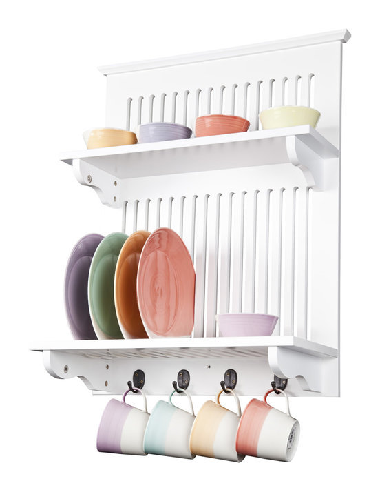 Aston Kitchen Plate Rack in White // Wall-mounted, with Solid Top Shelf Above and Hooks Below // Contemporary Kitchen Storage