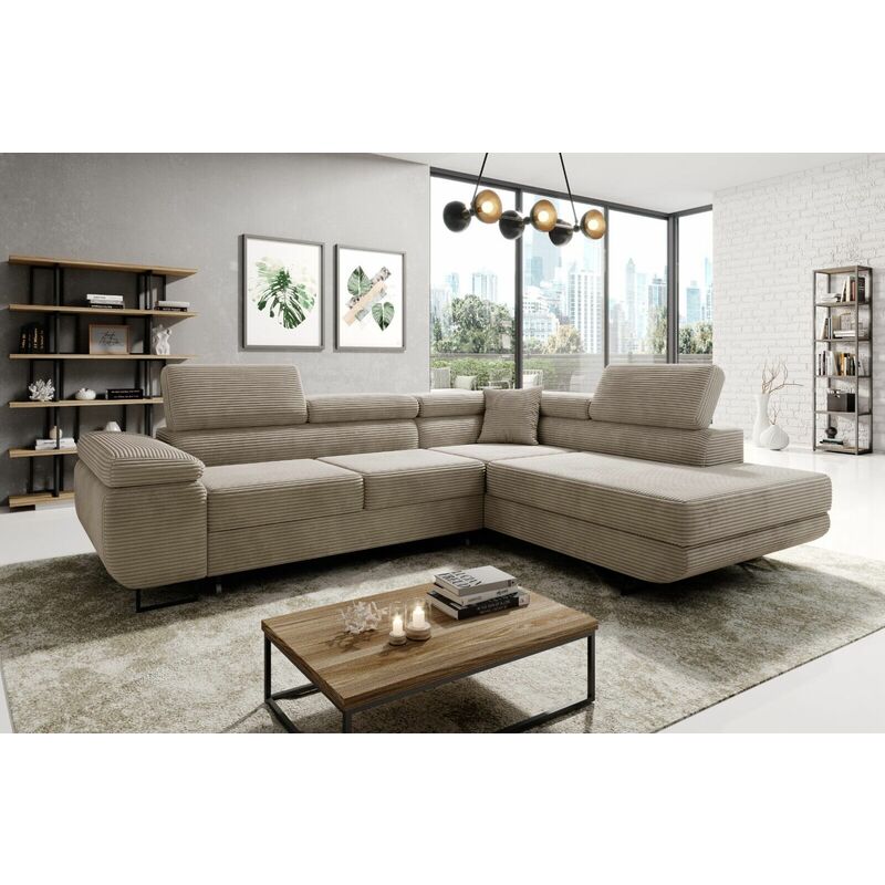 Aston Jumbo Cord Right Hand Facing Corner Sofa Bed with Storage and Lift Mechanism - Beige