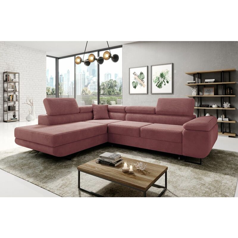 Aston Jumbo Cord Left Hand Facing Corner Sofa Bed with Storage and Lift Mechanism - Pink