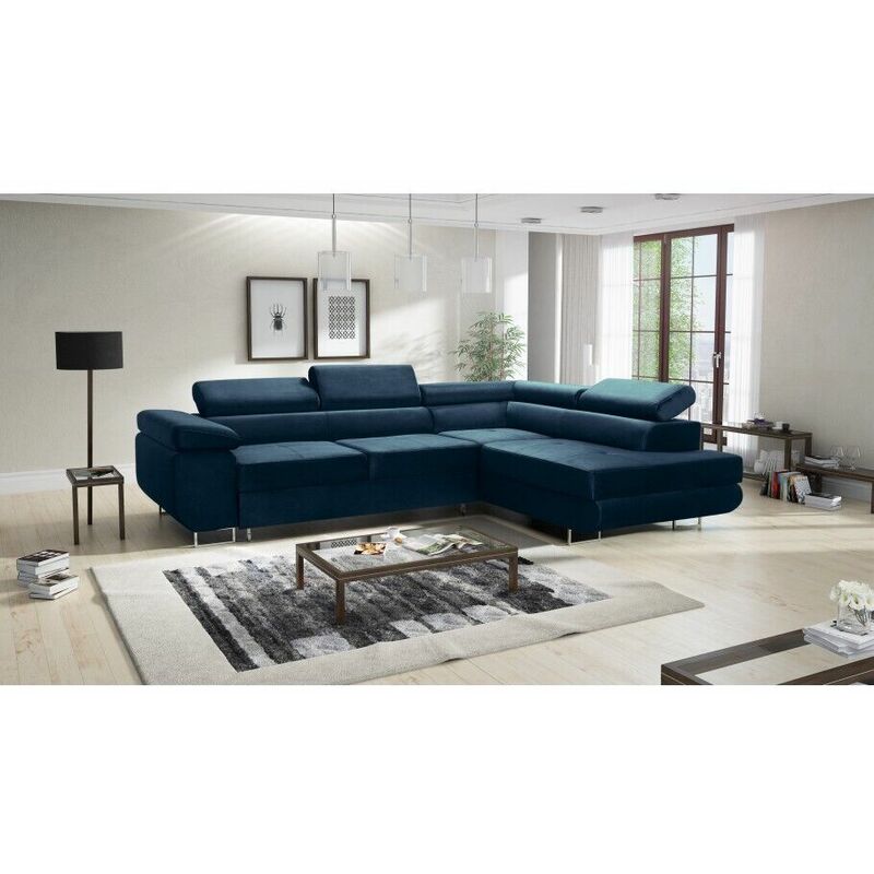 Aston Velvet Right Hand Facing Corner Sofa Bed with Storage and Lift Mechanism - Navy Blue