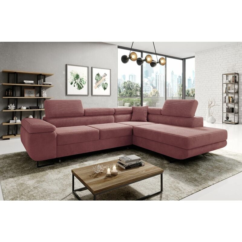 Aston Jumbo Cord Right Hand Facing Corner Sofa Bed with Storage and Lift Mechanism - Pink