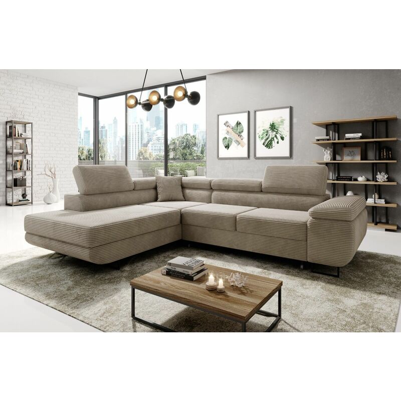 Aston Jumbo Cord Left Hand Facing Corner Sofa Bed with Storage and Lift Mechanism - Beige