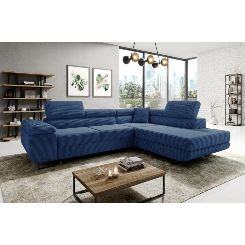 Aston Jumbo Cord Right Hand Facing Corner Sofa Bed with Storage and Lift Mechanism - Blue