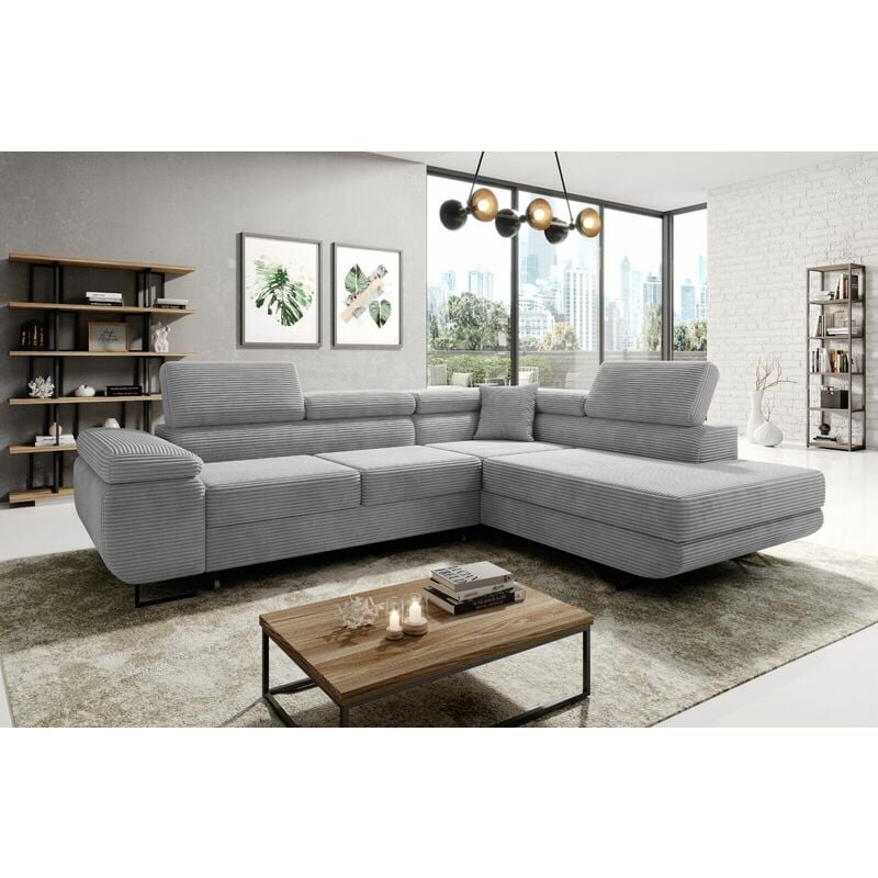 Aston Jumbo Cord Right Hand Facing Corner Sofa Bed with Storage and Lift Mechanism - Light Grey