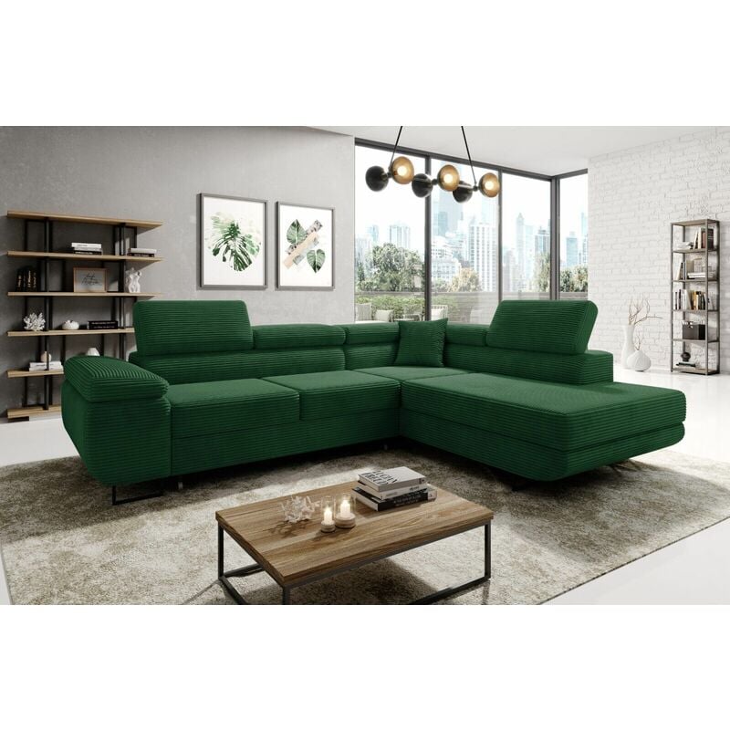 Aston Jumbo Cord Right Hand Facing Corner Sofa Bed with Storage and Lift Mechanism - Bottle Green