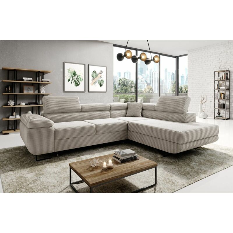 Aston Jumbo Cord Right Hand Facing Corner Sofa Bed with Storage and Lift Mechanism - Cream