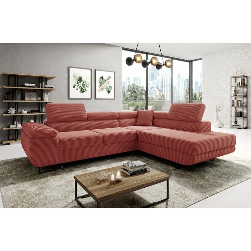 Aston Jumbo Cord Right Hand Facing Corner Sofa Bed with Storage and Lift Mechanism - Salmon