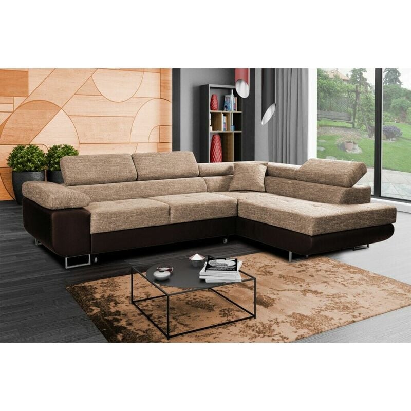 Aston Right Hand Facing Corner Sofa Bed with Storage and Lift Mechanism - Beige & Brown