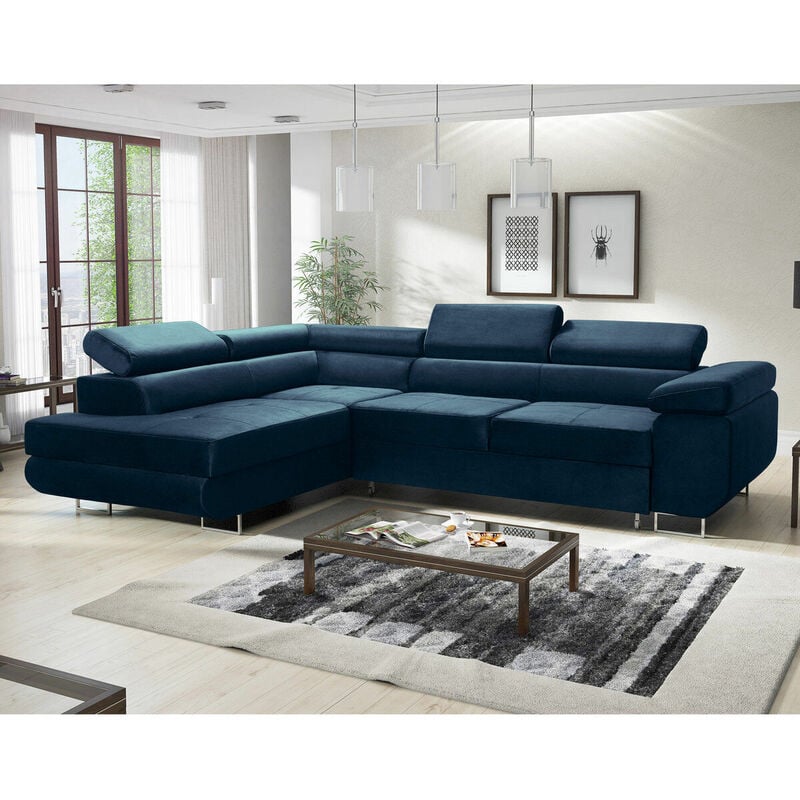 Aston Velvet Left Hand Facing Corner Sofa Bed with Storage and Lift Mechanism - Navy Blue