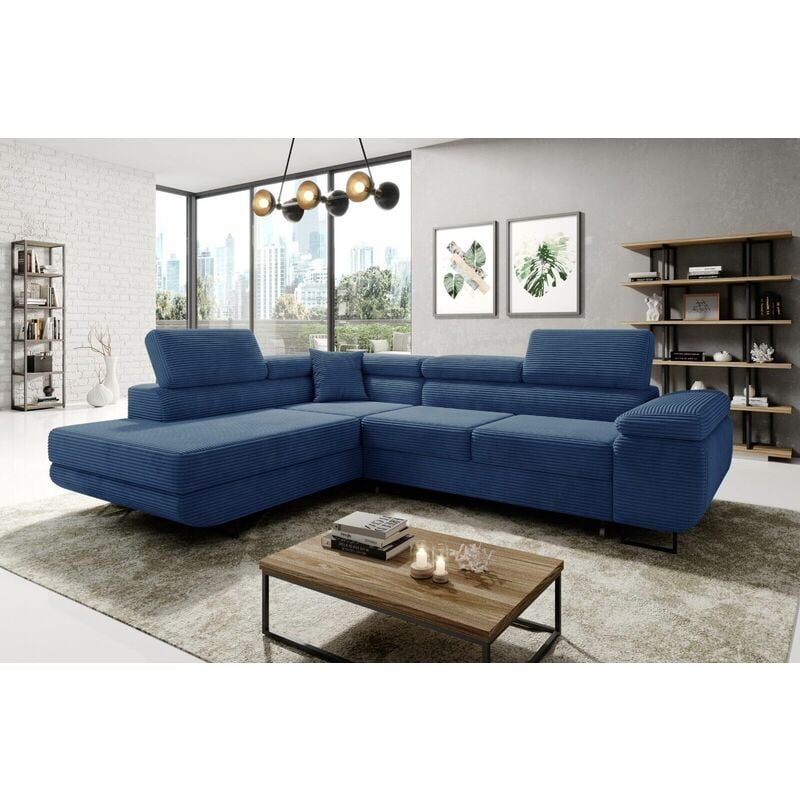 Aston Jumbo Cord Left Hand Facing Corner Sofa Bed with Storage and Lift Mechanism - Blue