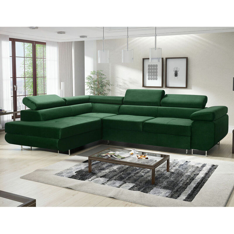 Aston Velvet Left Hand Facing Corner Sofa Bed with Storage and Lift Mechanism - Bottle Green