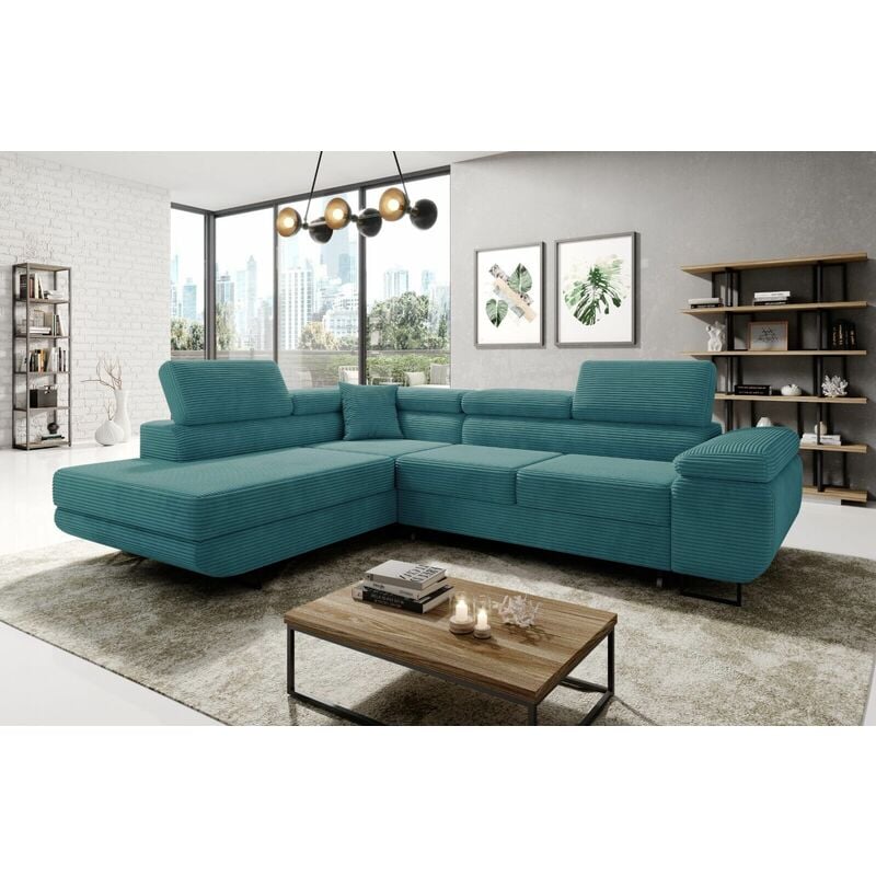 Aston Jumbo Cord Left Hand Facing Corner Sofa Bed with Storage and Lift Mechanism - Turquoise