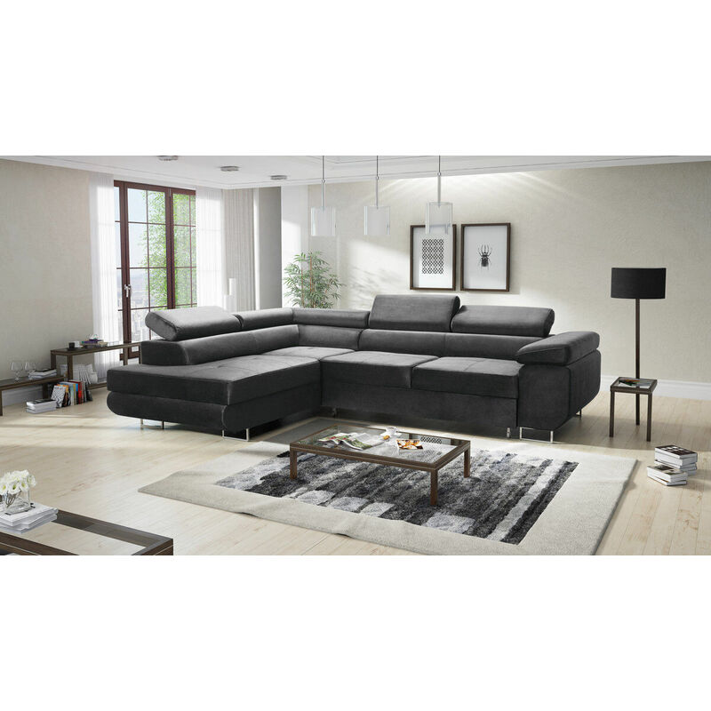 Aston Velvet Left Hand Facing Corner Sofa Bed with Storage and Lift Mechanism - Dark Grey