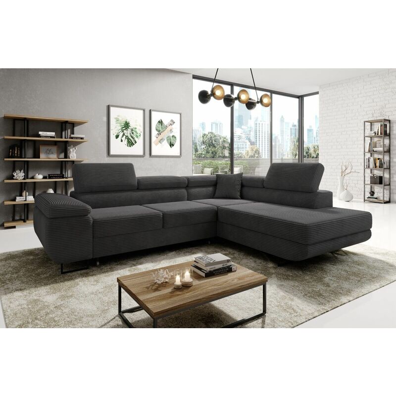 Aston Jumbo Cord Right Hand Facing Corner Sofa Bed with Storage and Lift Mechanism - Dark Grey