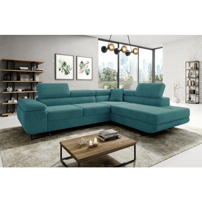 Aston Jumbo Cord Right Hand Facing Corner Sofa Bed with Storage and Lift Mechanism - Turquoise