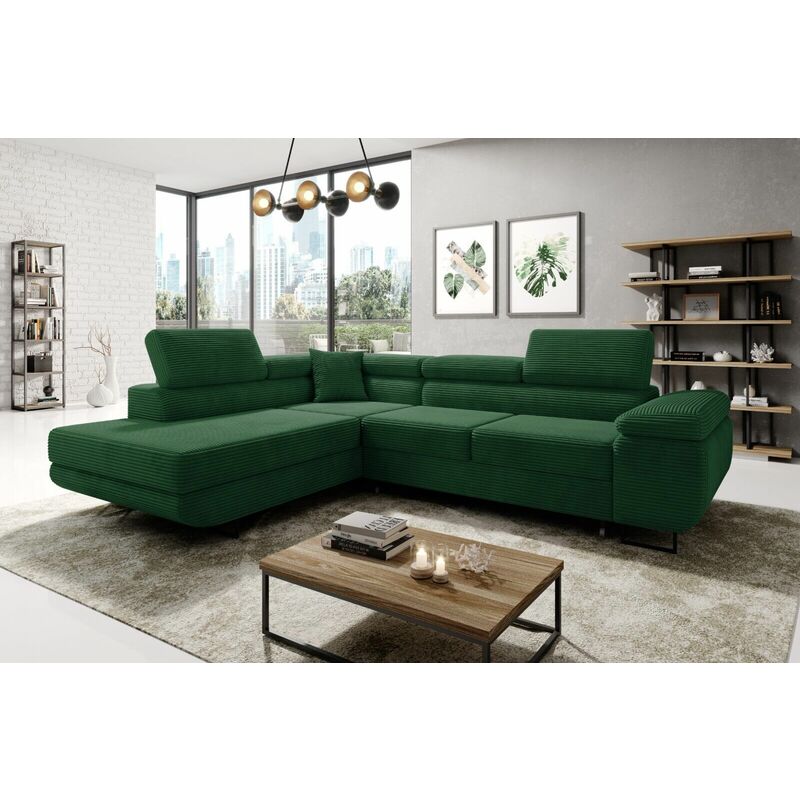 Aston Jumbo Cord Left Hand Facing Corner Sofa Bed with Storage and Lift Mechanism - Bottle Green