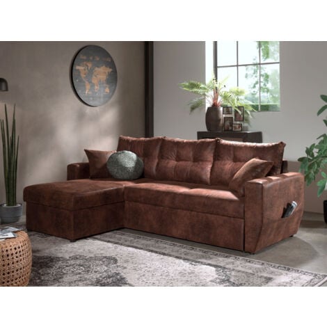 BESTMOBILIER Astoria - 4-sitzer ecksofa beidseitig montierbar - mit schlaffunktion und bettkasten - industrieller stil - braun