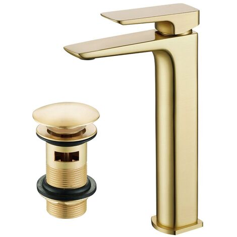 Astra Modern Countertop Brushed Brass Tall Square Basin Mono Mixer Tap + Waste
