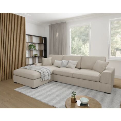 Astrid - Ecksofa mit Schlaffunktion in Beige Cord-Stoff schöner Sitzkomfort mit schwarzen Holzfüßen