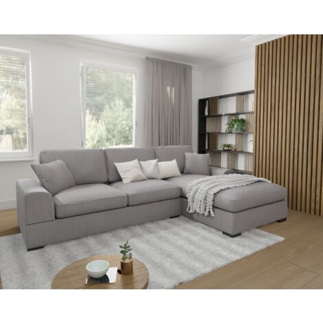 Astrid - Ecksofa mit Schlaffunktion in Hellgrau Cord-Stoff schöner Sitzkomfort mit schwarzen Holzfüßen