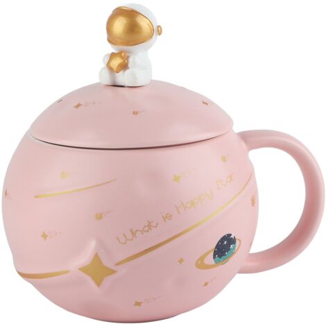 Astronautenbecher 400 ml mit Löffel und Deckel – Ergonomische rosa Keramiktasse für Kaffee, Tee und Milch
