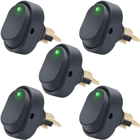 ASW-20D-BU, 5 Stück, 12 V, 30 A, SPST, 3-polig, EIN/AUS, rund, mit LED-Licht, Druckknopf, Wippschalter für Auto, Grün