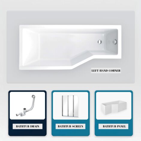 Asymmetrische Badewanne - 170 x 75 cm - Links - mit Verkleidung - mit Füßen - 3-teilige Duschabtrennung - Ablaufgarnitur Chrom - INTEGRA