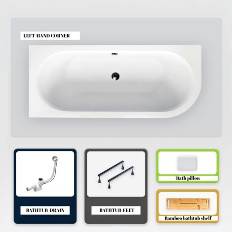Asymmetrische Badewanne - 180 x 80 cm - Links - ohne Verkleidung - mit Füßen - Kopfstütze - Bambusablage - Ablaufgarnitur Chrom - AVITA