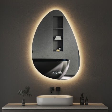 Asymmetrischer Spiegel mit LED Beleuchtung 55 x 80 cm Badspiegel mit Beleuchtung Spiegel mit Beleuchtung Spiegel mit Licht LED Spiegel mit Uhr, Touch-Schalter, Dimmbar, 3 Lichtfarbe Einstellbare
