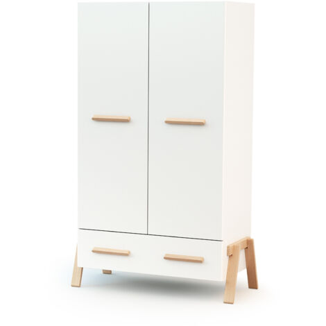 AT4 - Armoire enfant 2 portes en bois CANAILLE Blanc et Hêtre 108 x 53 x176 cm