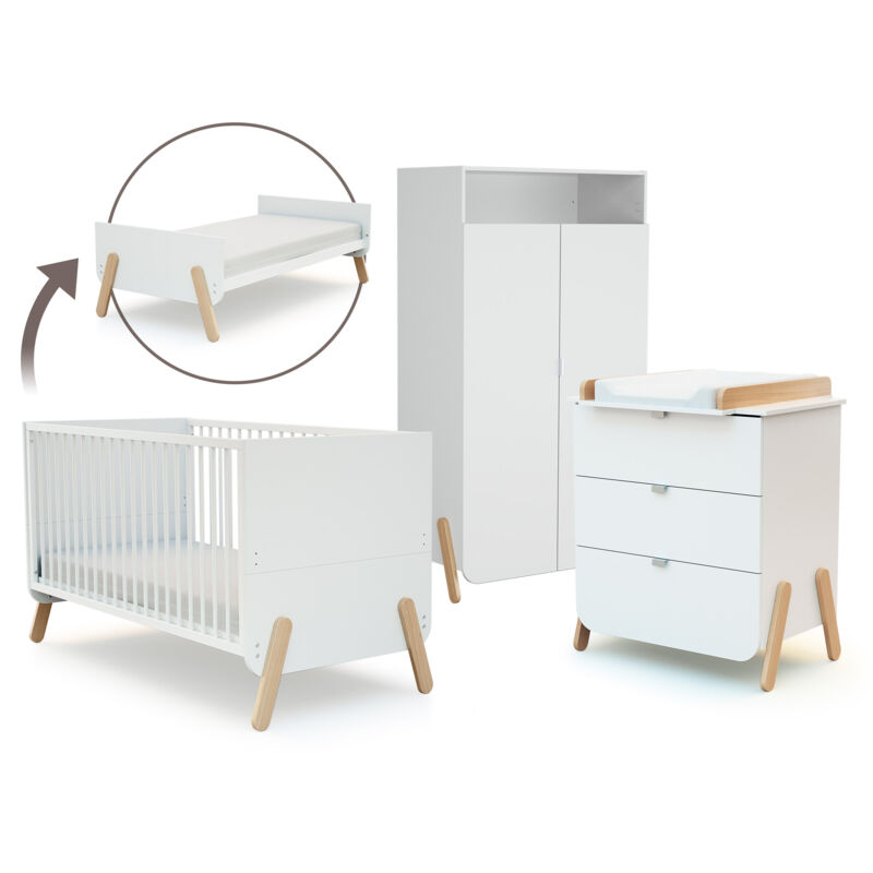 Chambre bébé complète avec lit évolutif 70x140cm – Commode à langer 3 tiroirs – Armoire 2 portes avec 6 étagères – Bois hêtre verni – AT4