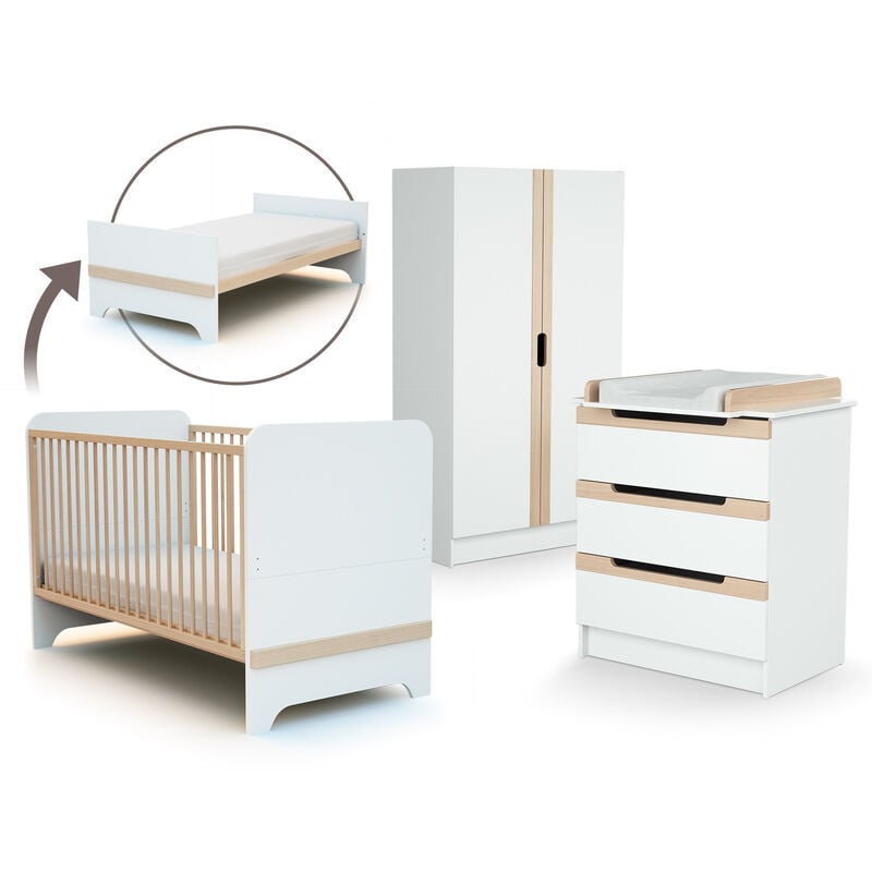 AT4 - Chambre bébé lit, commode à langer et armoire Blanc et Hêtre Verni