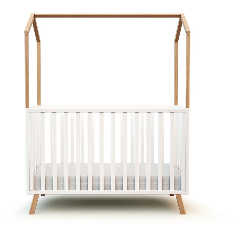 Lit cabane bébé évolutif confort en bois - Blanc et Hêtre Verni - AT4