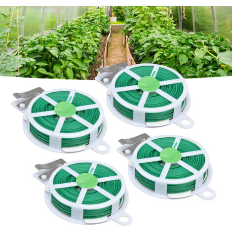 [Ataduras para jardín] 4 piezas de ataduras metálicas verdes de 50 m de largo con cortador integrado para asegurar y sostener plantas en jardines, terrazas o interiores.