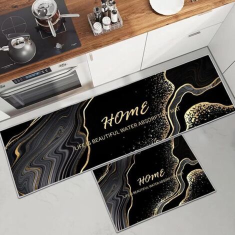 (A)Tapis de Cuisine antidérapant et Lavable 2 pièces, Marbre Doré Antiderapant Tapis de Cuisine Devant evier pour Cuisine, buanderie, Salon