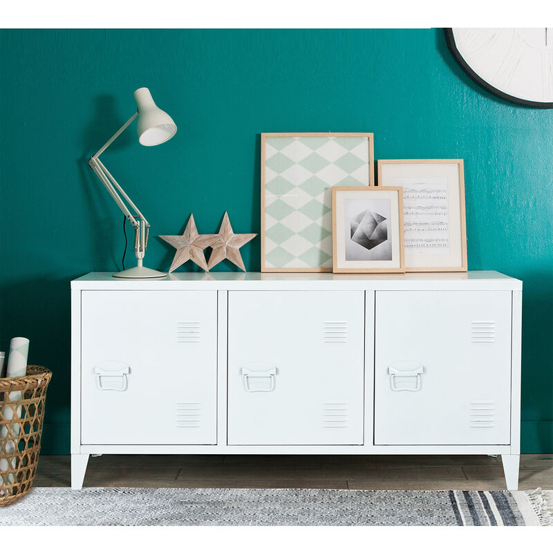 Etagère / meuble TV boite métal 3 portes Blanc ATD1