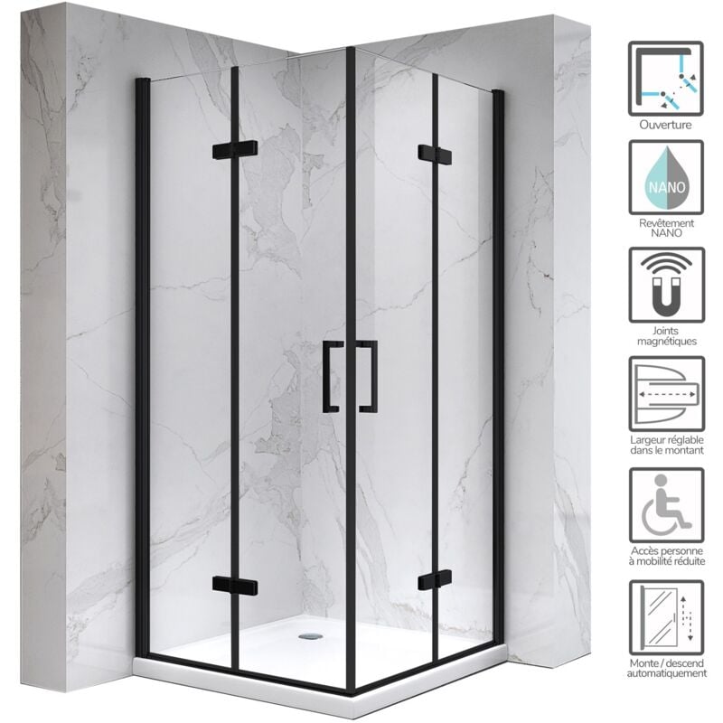 Saniverre - atéa-black Cabine de douche h 180 cm, 70 x 80 cm, 2 portes pliantes et pivotantes, verre transparent